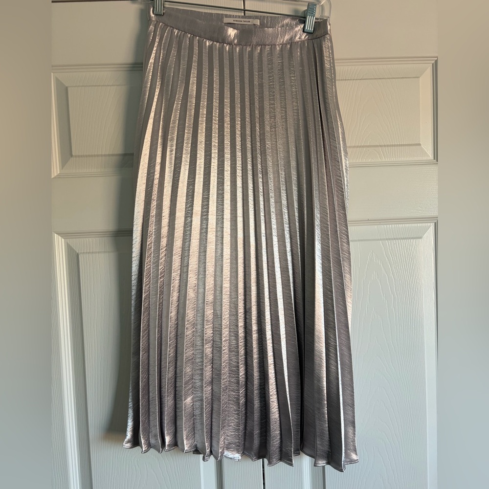 Rebecca Taylor Metallic Silver Pleated Midi Skirt
